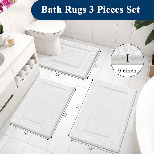 SHACOS White Bathroom Rugs Sets 3 Piece Small Bath Mat U Shaped Toilet Rug | 20x32+ 16x24+ 20x24, Soft Fluffy Microfiber Bath Rugs Set, Non Slip Washable Absorbent Bathroom Floor Mats Carpet Shower Rug - color: White, size: 16"x24"+ 20"x32"+U Shape 20"x24