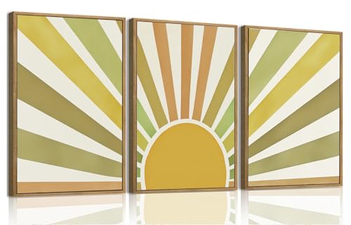 Bwodke Boho Wall Art, Framed Abstract Sunshine Wall Art, Sun Rising Neutral Canvas Wall Decor, Mid Century Geometric Pictures Set of 3, Minimalist Paintings, for Bedroom Living Room Bathroom 12"x16" - color: Sunshine, size: 12"x16"Natural