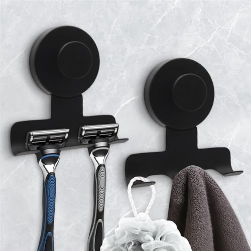 Suction Cup Razor Holder for Shower,Heavy-Duty 7KG Suction Hooks for Razor,Towel,Loofah,Removable Damage-Free Metal Shower Hook,Shaver Holder,2 Pack(Matte Black) - color: Matte Black