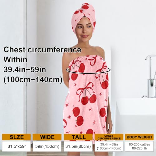 Women’s Pink Cherry Spa Wrap & Hair Towel Set - Soft Microfiber Body Wrap with 3-Snap Closure, Absorbent Quick Dry Hair Turban, Cute Coquette Bow Aesthetic Bathrobe (Cherry 12, Medium) - color: Cherry 12