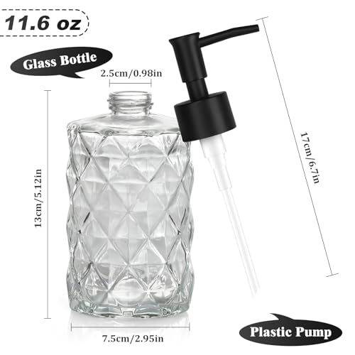 1 Pack 11oz Glass Soap Dispenser with Plastic Pump, Diamond Design Refillable Hand Soap Dispenser for Hand Wash, Bathroom and Kitchen - color: Transparent Clear