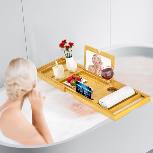 Premium Bathtub Tray Caddy with Makeup Mirror Bamboo - Bath Tray Expandable- Unique House Warming Gifts, New Home, Anniversary & Wedding Gifts for Couple, Bridal Shower Gift for Wome - color: Bamboo