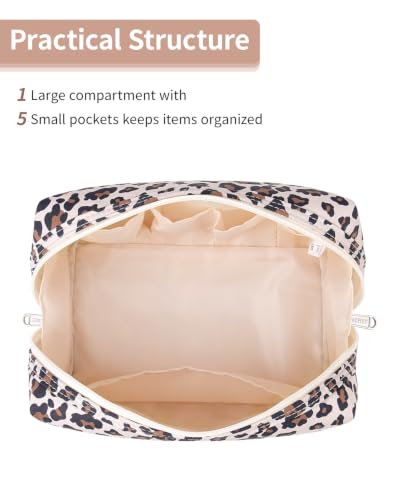 Narwey Cute Cheetah Makeup Bag Travel Cosmetic Bag Organizer Toiletry Bag Make Up Bags with Compartments for Women Girls (Large, Beige Leopard) - color: Beige Leopard, style: Large
