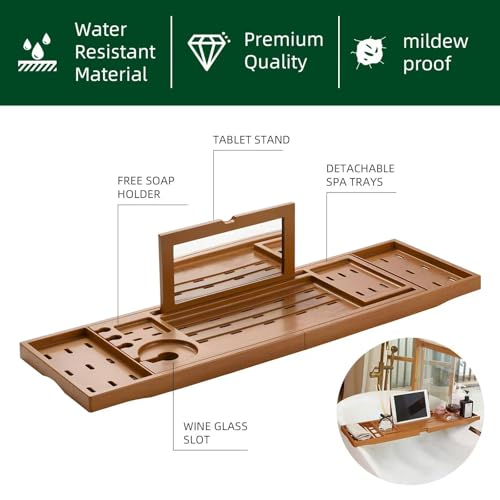 Bathtub Tray, Retractable Bathtub Rack for Bathtub, Sturdy and Waterproof Home Spa, Favored Gift by Lady Teak Color