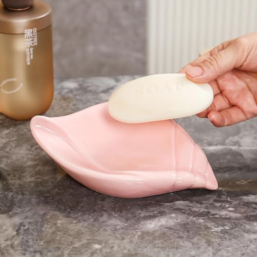 Sea-Shell Soap Holder, Ceramic Soap Tray with Self Draining, Soap Tray for Sink Washroom Bathroom Shower, Small Cute and Elegant Holder with Glaze, Easy Cleaning (White) - color: White