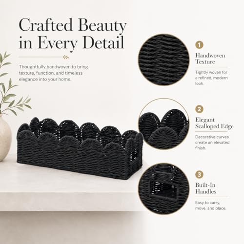 Black Scalloped Toilet Tank Basket — Paper Rope Woven Toilet Paper Holder for Back of Toilet, Scalloped Wicker Tray, Boho Bathroom Organizer and Storage for Tank Top, Countertop & Small Spaces - color: Black