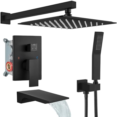 gotonovo Shower System with Tub Spout,Waterfall Tub Shower Faucet Set for Bathroom Head and Handle Set Wall Mounted 3 Function Rough-in Valve and Trim Included 10 inch Shower Head Matte Black - color: Matte Black, size: 10 inch Shower Head
