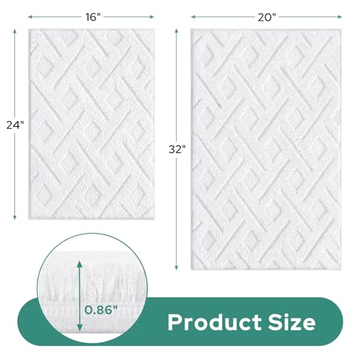 HOMEIDEAS White Bathroom Rug Set 2 Piece, Soft Microfiber Tufted Bath Mats, Super Absorbent Non Slip, Machine Washable Bathroom Rugs for Tub, Shower and Floor, 20" x 32" Plus 16" x 24" - color: White