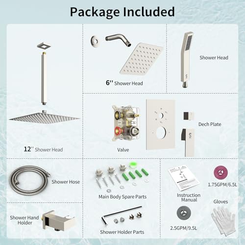 Shower Faucet Set Shower System - SR SUN RISE Brushed Nickel Shower Trim Kit with Dual Shower Head, 12'' Ceiling Rainfall 6'' Wall Mount with Handheld Shower for Couples, Complete 6 Diverter Valve - color: Nickel, size: 12 Inch