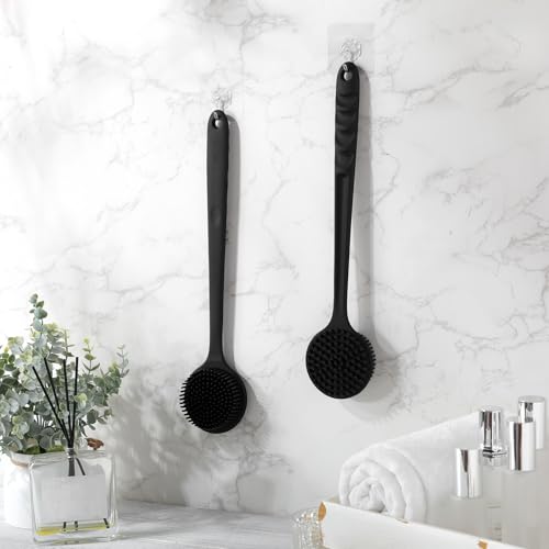 Sunnyray 2 Pack Silicone Back Scrubber for Shower with 15" Long Handle Double-Sided Bath Body Brush for Exfoliating Easy to Clean Quick Dry Deep Cleaning Lathers Well(Black) - color: Black