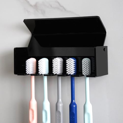 5 Slots Wall Mount Toothbrush Holder with Cover, Self Adhesive Toothbrush Storage Organizer for Shower, Toothbrush Hanger for Bathroom, Medicine Cabinet, Dorm (Black) - color: Black 1 Pack