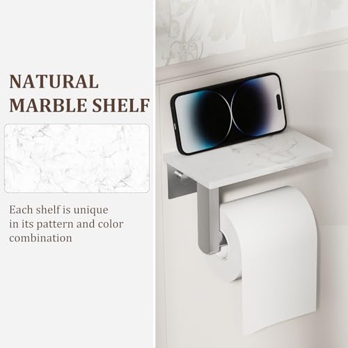 BWE Brushed Nickel Toilet Paper Holder with Marble Shelf, Toilet Paper Roll Holder Wall Mounted, Toilet Paper Roll Holder with Phone Shelf 304 Stainless Steel Tissue Holder for Bathroom Washroom - color: Brushed Nickel