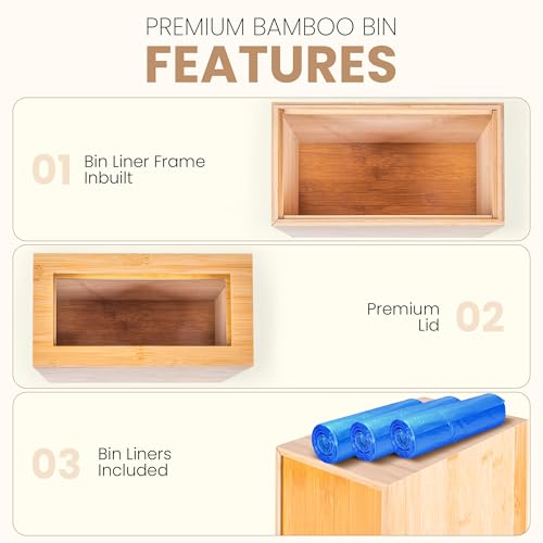 Bamboo Trash Can with Bin Liner Built-in Frame and Premium Lid - Wooden Bathroom Trash can, Bamboo Wastebasket for Bathroom, Bedroom, Living Room, Kitchen or Office