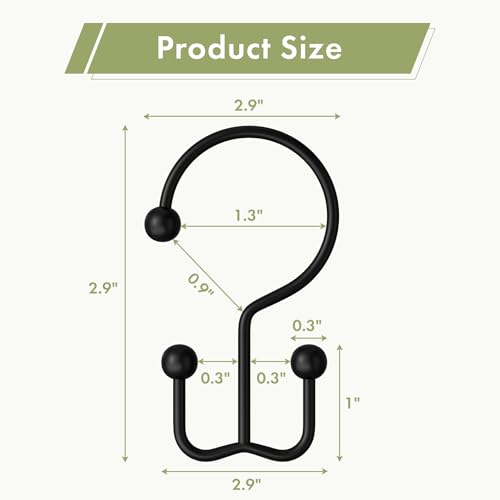 Amazer Black Shower Curtain Hooks, 12PCS Minimalist Simple Double Shower Curtain Rings, Rust-Resistant Metal Shower Hooks Shower Curtain Hangers, Shower Rings for Bathroom Shower Rods Curtains - color: Black, style: Minimalist - Double Hooks