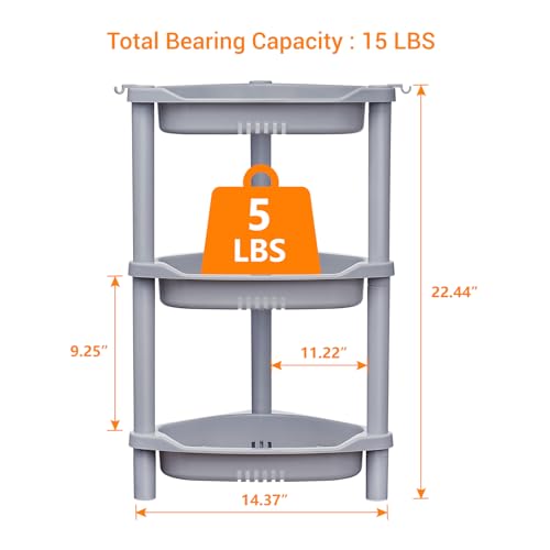 ELYKEN 3 Tier Shower Caddy Organizer Shelf Corner, 14.4 x 11.2 x 22.4 Inches, Rustproof, Plastic Shower Rack Stands for Inside Bathroom, Bathtub, Shower pan, Grey - color: Grey, size: 3-Tier