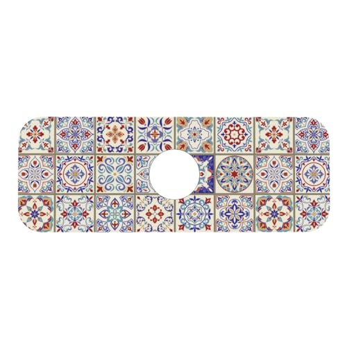 Aquamarine Blue Mexican Tiles 15" X 5.5" Kitchen Sink Splash Guard Faucet Faucet Guard Draining Mat Sink Splash Guard Faucet Kitchen Bathroom - color: Aquamarine Blue Mexican Tiles