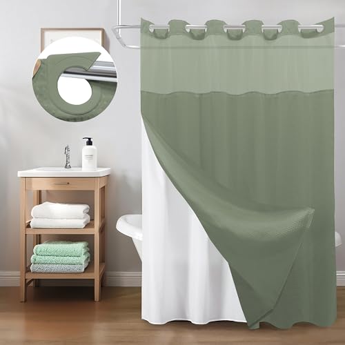 Inhousolu No Hook Shower Curtain with Snap-in Fabric Liner, Waffle Weave 230 GSM Polyester, Weighted Hem, Water Repellent Washable, Mesh Top Window 60" W x 72" L Sage Green - color: Sage Green, size: 60"W x 72"L (Pack of 1)