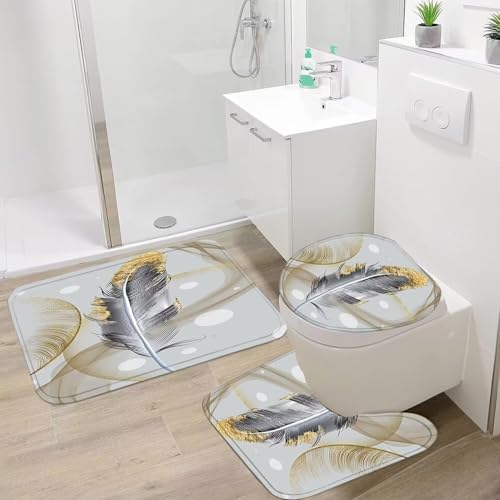 DDQQ 4Pcs Abstract Bubble and Feathers Shower Curtain Set Gray and Golden Bathroom Sets Shower Curtain with 12 Hooks Bathroom Decor with Rugs Bath Accessories with Mats Toilet Lid Cover - color: Yellow