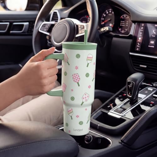 SANDJEST Pickleball Stainless Steel Locking Lid Silicone Straw Tumbler with Handle 40oz, Insulated Stainless Steel Travel Cup for Women Girls Friends Players, Gift Idea for Birthday Christmas - color: Pickleball