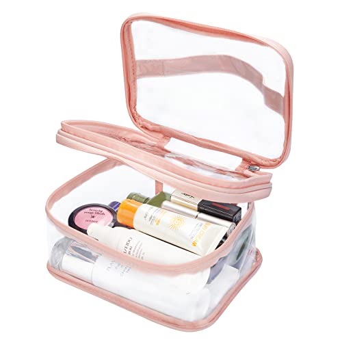 Double Layer Clear Cosmetic Bag Makeup Bag, Waterproof Travel Toiletry Bag, Transparent PVC Hair & Nail Accessories Pouch Beach Bag Organizer (Pink) - color: Pink
