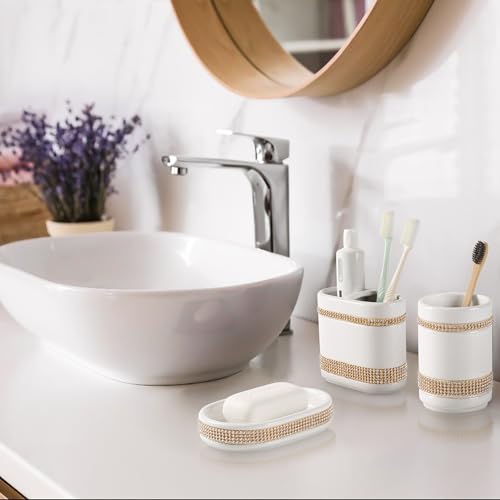 RQYIXI Bathroom Accessories Set with Diamonds 5 Pieces Toothbrush Holder Soap Dispenser Ceramic Bathroom Accessory Set Contain Cotton Swab Jar Toothbrush Cup Soap Dish Tumbler - color: White-set With Diamonds