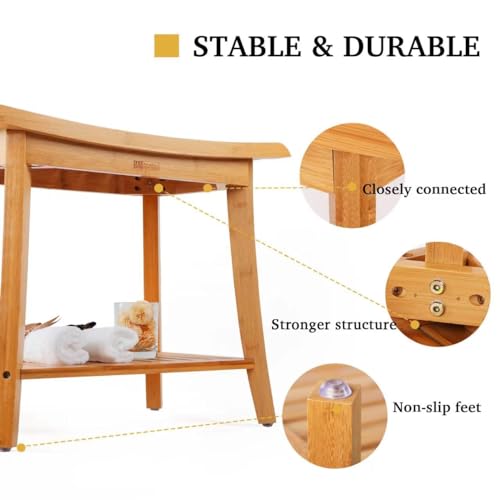 Unibambou Bamboo Shower Bench with Storage Shelf, Spa Bath Chair for Bathroom, Seat or Organizer for Living Room, Bedroom and Garden - Great for All Ages Unisex Elderly (Large, Natural) - color: Natural, size: Large 24x12x18 Inch