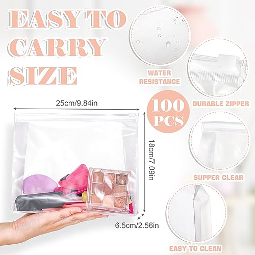 Xuniea 100 Pcs Mini Clear Makeup Bag PVC Small Travel Toiletry Organizer Pouches Bulk Waterproof Transparent Plastic Cosmetic Bag with Zipper for Women Men Travel(9.8'') - size: 9.8''
