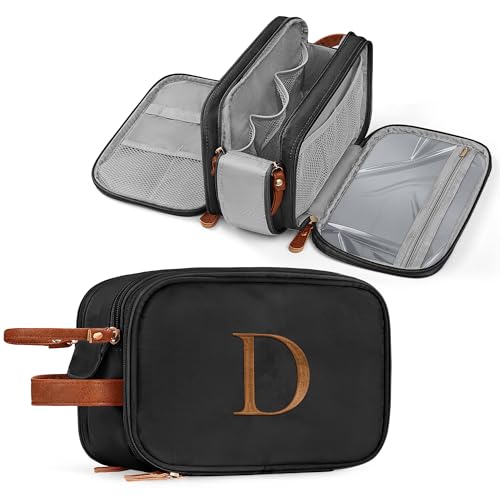 YOOLIFE Black Makeup Bag Toiletry Bag - Personalized Initial Toiletry Bags for Women Men, Travel Size Toiletries Essentials Birthday Gifts for Men Women Letter D Black - color: Black, style: D