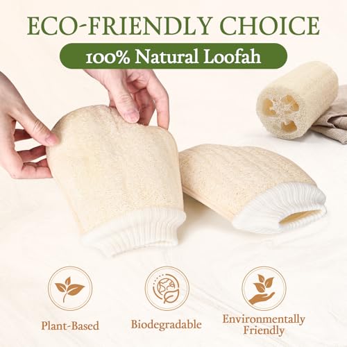 Natural Loofah Bath Mitts, 100% Plant-Based Loofah Gloves for Women and Men,Dye-Free,for face and Body-2 Count