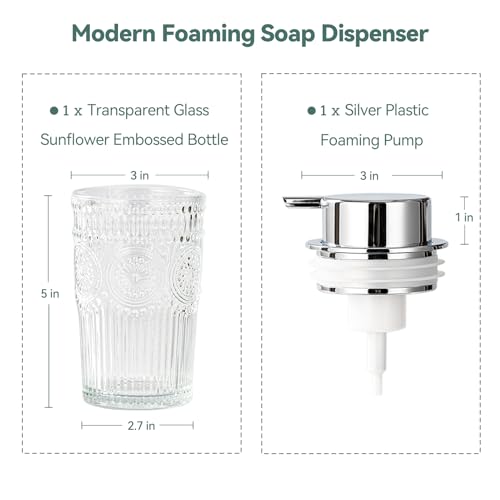 Glass Foaming Soap Dispenser - Foam Hand Soap Dispenser Bathroom, 10 OZ Clear Refillable Liquid Dispenser for Kitchen Dish Dispenser Silvery Foam Pump - color: Silvery-10 Oz