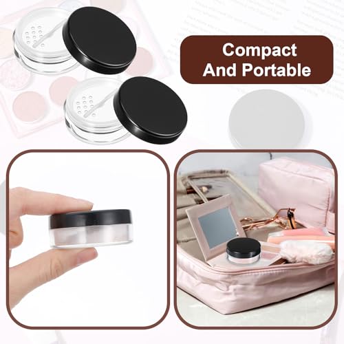 2PCS 10ml/0.34oz Refillable Loose Makeup Containers, Plastic Empty Travel Compact Case, Small Cosmetic Jars with Rotatable Sifter and Black Screw Lid, No Leak Loose Face Compact Case for Foundation