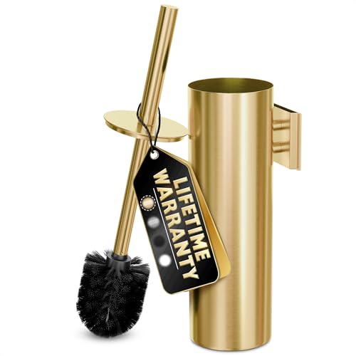 Gold Toilet Brush and Holder Set with Wall Mount - Modern Wall Mounted Toilet Brush Made from Corrosion-Resistant Stainless Steel - Removable Inner Bowl, Splash Protection & Dense Bristles Supplied - color: Gold Wall-mounted