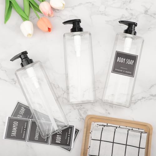 Segbeauty 33.8oz Shampoo and Conditioner Dispenser, 3pcs Square Empty Plastic Bottles with Labels, 1000ml Large Square Hand Soap Dispenser for Bathroom, Body Wash Container Pump Bottle Refillable - color: Clear, style: 3pcs