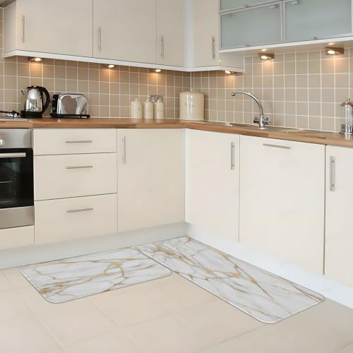 White Marble Print Kitchen Rugs Microfiber Floor Mats Marbling Cushioned Carpet Runner Rug for Laundry Bathroom Living Room, 2 Piece Set 17"X 47" + 17"X 30" - color: White Marble Print