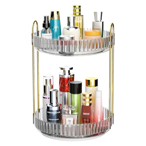 GTI 360°Rotating Makeup Organizer, 2 Tier Bathroom Counter Organizer,Large Capacity Perfume Cosmetics Skincare Vanity Organizers, Dresser Spinning Countertop Organizer and Storage for Women (Grey) - color: Gray
