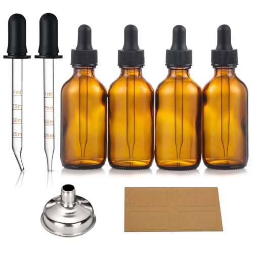 4 Pack, 2 oz Dropper Bottles with 2pcs Glass Pipettes(1ml) - Essential Oils Bottles for Health, Personal Care & Beauty - 60ml Thick Dark Amber Glass Tincture Bottle with Eye Droppers, Leakproof - color: with 2 Graduated Droppers