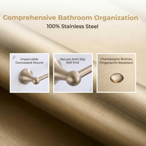 4 Piece Gold Bathroom Hardware Set - Brushed Gold Bathroom Accessories, 23.6 Inch Towel Bar | Towel Hook | Toilet Paper Holder | Hand Towel Holder (Champagne Bronze) - color: Champagne Bronze