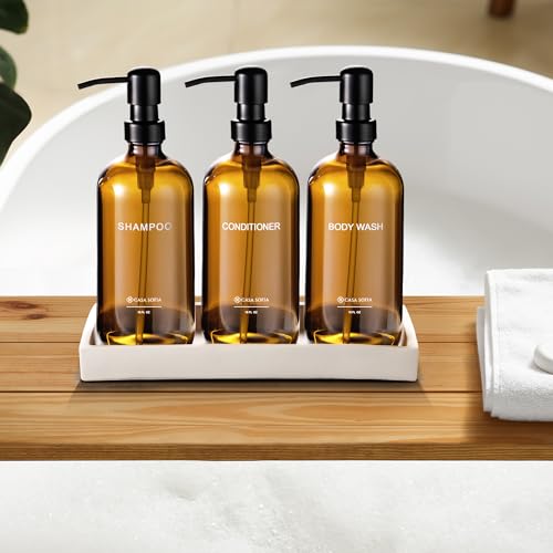 Amber Glass Shampoo and Conditioner Dispenser Set – Refillable 16 oz Pump Bottles with Concrete Tray – Luxury Bathroom Organization & Modern Shower Soap Dispensers - color: Amber Glass