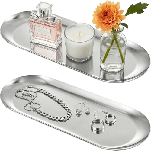 2PACK Silver Decorative Tray, Bathroom Vanity Tray for Dresser Counter, Stainless Steel Jewelry Dish Tray for Decor, Perfume Ring Key Candle Organizer Tray, Oval - color: Silver