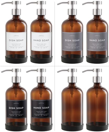 Hand and Dish Soap Dispenser for Kitchen and Bathroom, Set of 2 16 Oz Glass Bottles, Stainless Steel Pumps, Non-Slip Silicone Base, 27 Waterproof Labels (Amber Bottle/Brushed Silver Pump) - color: Amber Bottle / Brushed Silver Pump