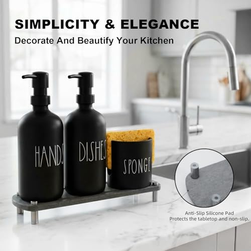 Kitchen Soap Dispenser Set, 16.9 fl oz Hand and Dish Soap Dispensers with Tray, Black Kitchen Soap Dispenser Set with Sponge Holder, Instant Dry Tray, Countertop Sink Organizer Accessories - color: Black Bottle+black Pump