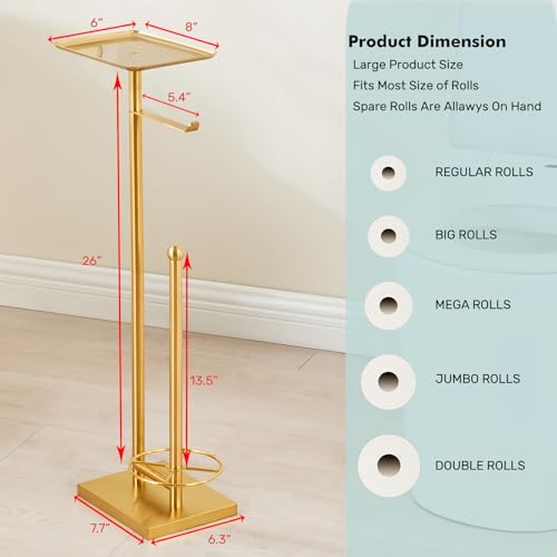 Toilet Paper Holder with Tray At the Top, Heavy-Weighted Base No Wobbly, Freestanding Toilet Paper Rolls Stand, Hold Extra 3 Paper Rolls On the Base (Gold) - color: Gold