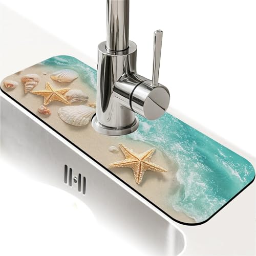 Faucet Fast Absorbent Pad - Beautiful Beach With Starfish And Shells Drying Pad, Suitable For Kitchen, Bathroom, Island And Other Scenes - color: Beautiful beach with starfish and shells