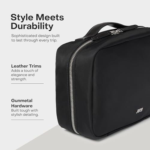 July Hanging Toiletry Bag with Hidden Hook, Clear & Leak-Resistant PVC Pocket, Toothbrush Tab, Water-Resistant Nylon and Leather Trims - Travel Essentials Bag, Bathroom Travel Organizer - Black - color: Black