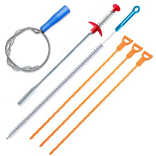 39inch Drain Clog Remover(x1), 20inch Drain Snake Hair Remover(x3)＆ Cleaning Brush(x1), 24inch Sewer Hair Catcher(x1),6 Pack Auger Cleaner Tool Set for Toilet, Kitchen Sink, Bathroom Tub, Sewer