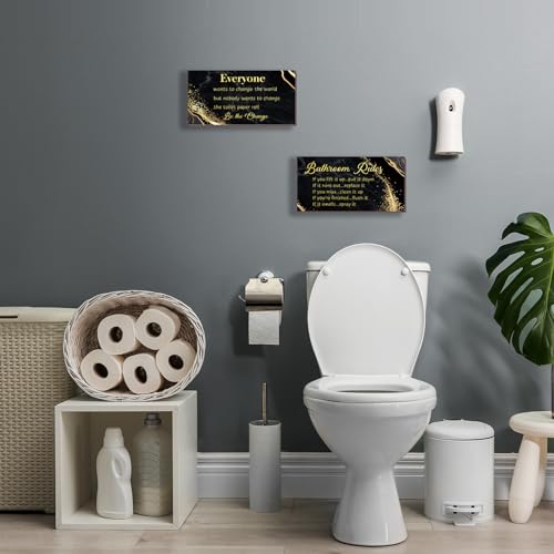 DONFENTHY 2 Pieces Black Gold Bathroom Decor Bathroom Rules Wall Art Rustic Farmhouse Rules Wooden Sign for Toilet Decor (Black Gold 12x6") - color: Black