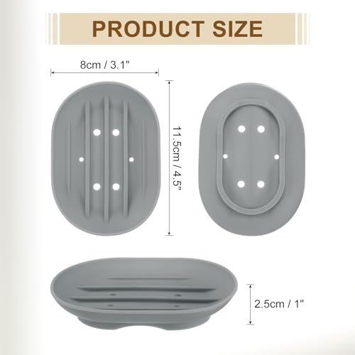 uxcell 3Pcs Small Soap Dish, Silicone Bathroom Soap Holder Oval Shape Bar Soap Dish Self-Draining Soap Tray with Holes for Shower, Bathroom, Kitchen, Counter Top (Grey) - color: Gray