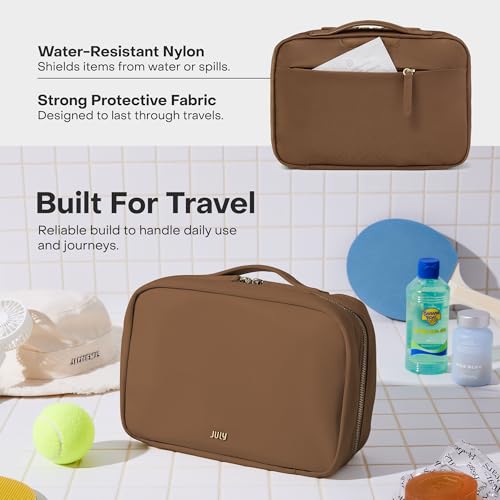 July Hanging Toiletry Bag with Hidden Hook, Clear & Leak-Resistant PVC Pocket, Toothbrush Tab, Water-Resistant Nylon and Leather Trims - Travel Essentials Bag, Bathroom Travel Organizer - Light Brown - color: Light Brown