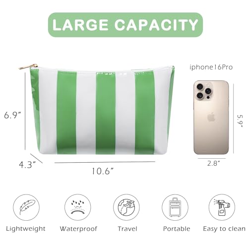 RSRSLEII Large Waterproof Travel Striped Makeup Bag, Aesthetic PVC Toiletry Bag, Coquette Cosmetic Bag, Sunscreen Accessories Storage Organization, Beach Travel Purse(Green) - color: Green