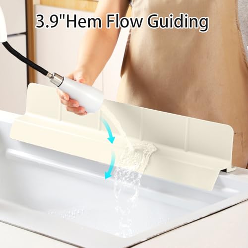23" Ultra Silicone Sink Splash Guard Released in 2026,Self-Draining Water Splash Guard for Kitchen Sink,Bathroom and Island,with 3.5" High Splash Guard & 7 Strong Suction Cup (Beige) - color: Beige